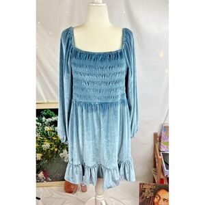Lauren Conrad Smocked Velvet Blue Gray Dress XXL Ruffle Cottage Core Baby Doll